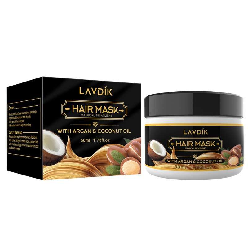 Nourishing Hair Mask with Argan and Coconut Oil in a stylish black and white 50ml jar, perfect for intense hair hydration and rejuvenation.