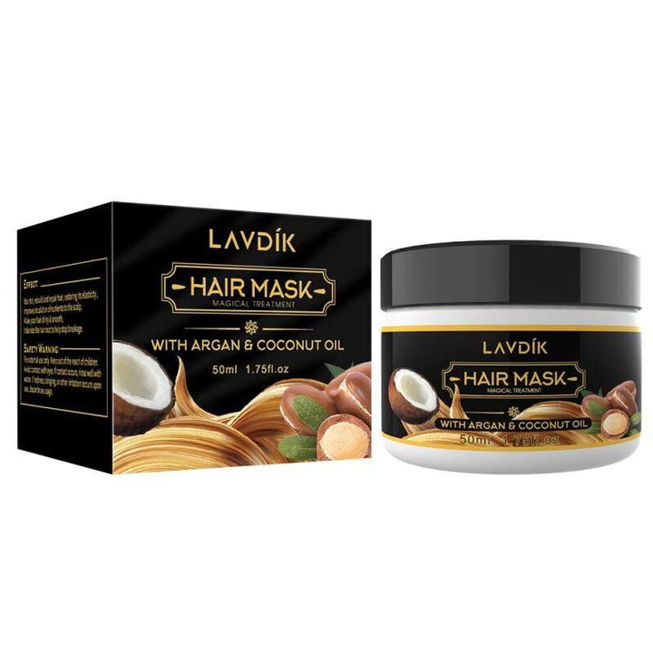 Nourishing Hair Mask with Argan and Coconut Oil in a stylish black and white 50ml jar, perfect for intense hair hydration and rejuvenation.