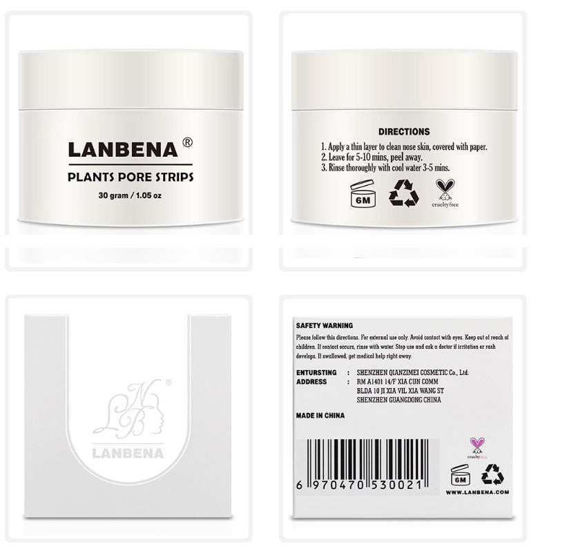 Lanbena Plants Pore Strips product label showing usage directions, safety warnings, and manufacturer details for blackhead removal kit.