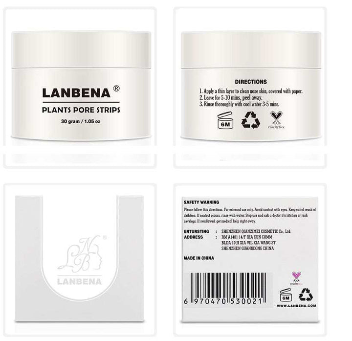 Lanbena Plants Pore Strips product label showing usage directions, safety warnings, and manufacturer details for blackhead removal kit.