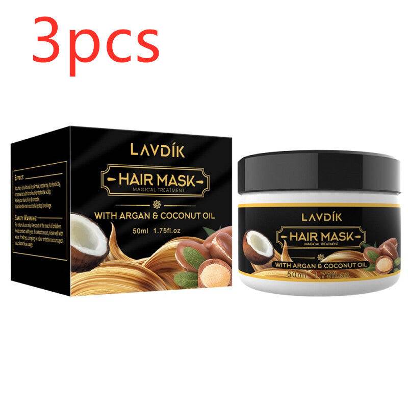 Nourishing Hair Mask with Argan and Coconut Oil, 50ml jar, black and white packaging.