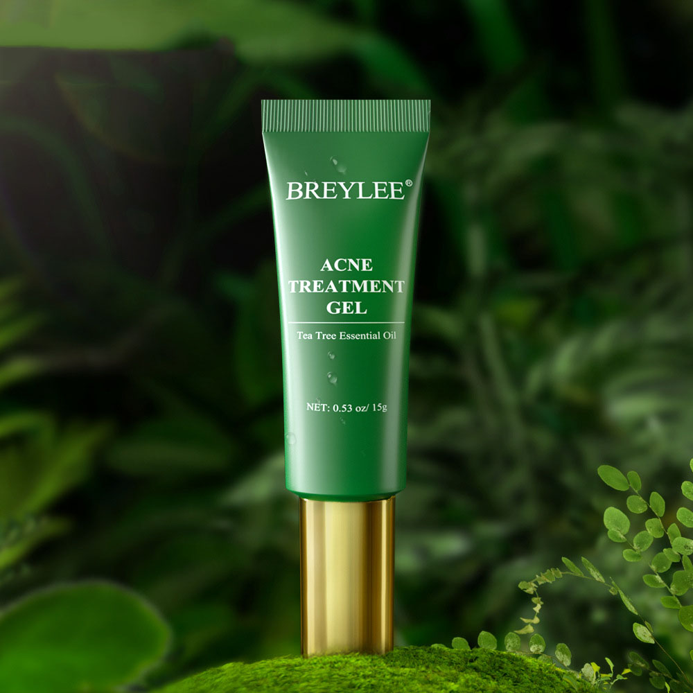 Green acne treatment gel tube with tea tree oil for acne scar relief.