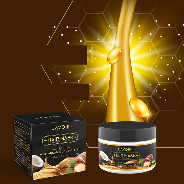 Nourishing Hair Mask with Argan and Coconut Oil in elegant black and white jar, 50ml.