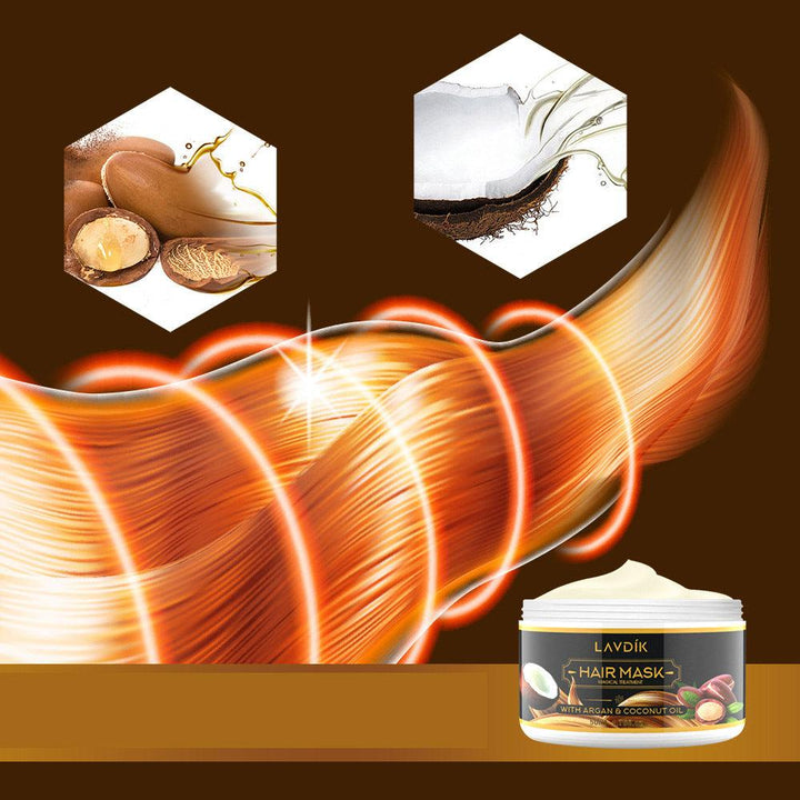 Nourishing Hair Mask with Argan and Coconut Oil for vibrant, shiny hair in stylish packaging.