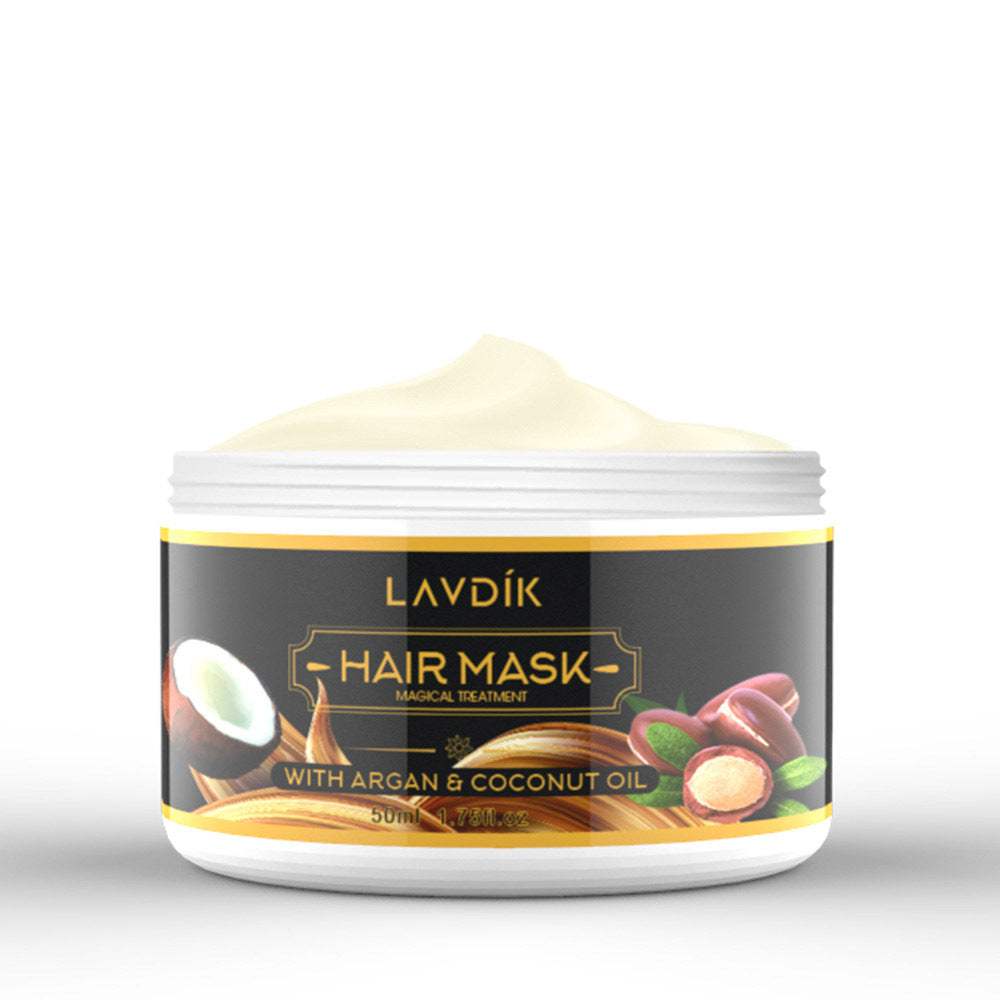 Nourishing Hair Mask with Argan and Coconut Oil in stylish black and white jar, 50ml.
