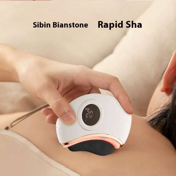 Smart Electric Gua Sha Massager on skin, showcasing digital display and ergonomic design.