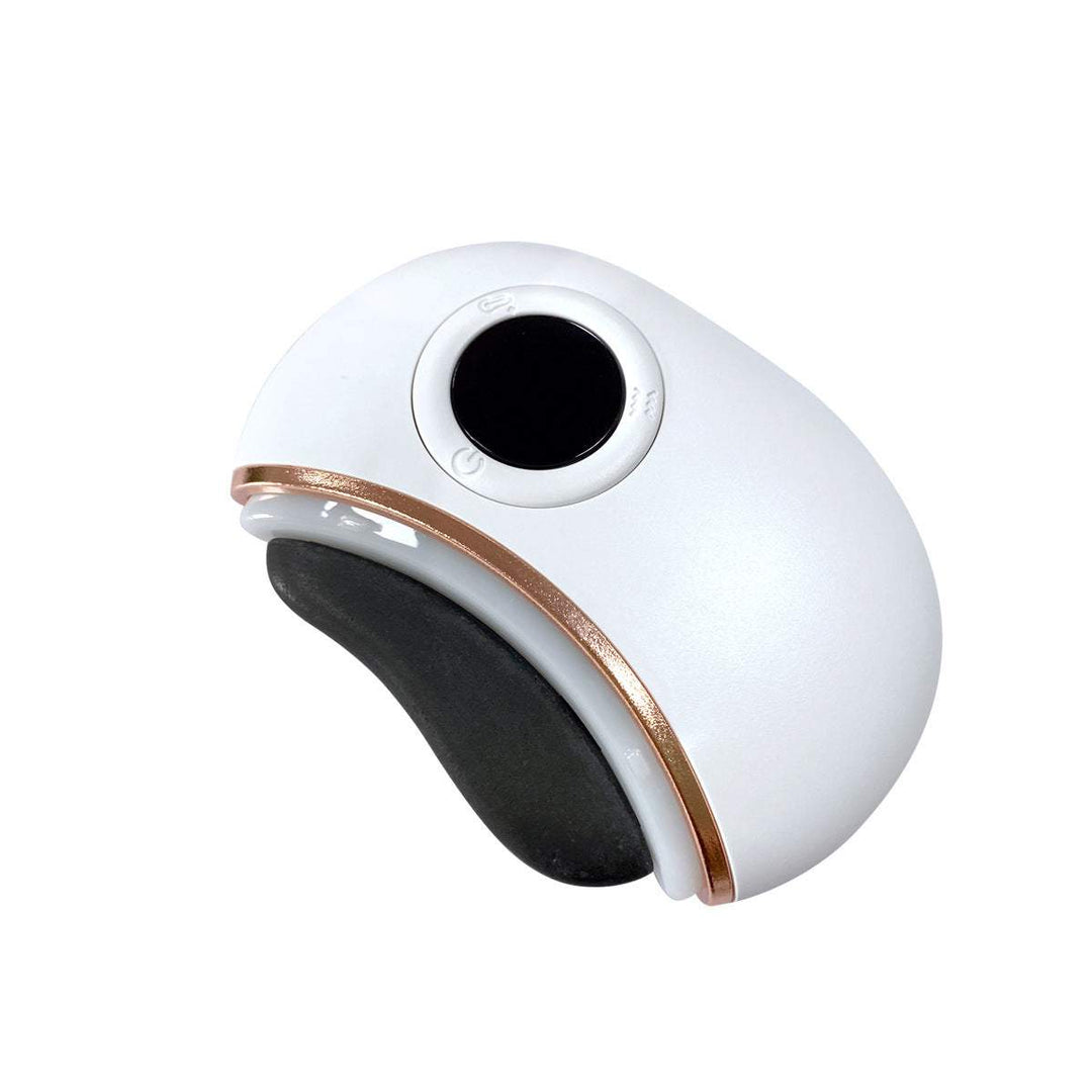 Smart Electric Gua Sha Scraping Massager for Home Facial in white with gold border, rechargeable and customizable settings.