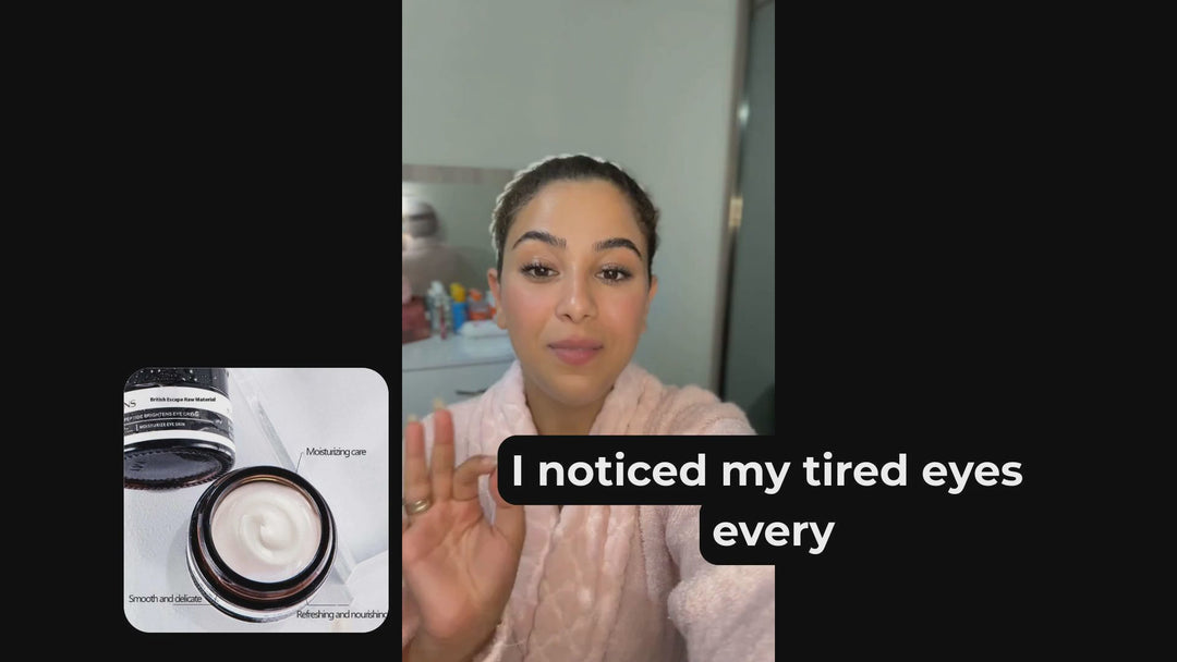 User testimonial for Top Rated Best Firming Eye Cream with Retinol, praising its effect on tired eyes and under-eye skin rejuvenation.