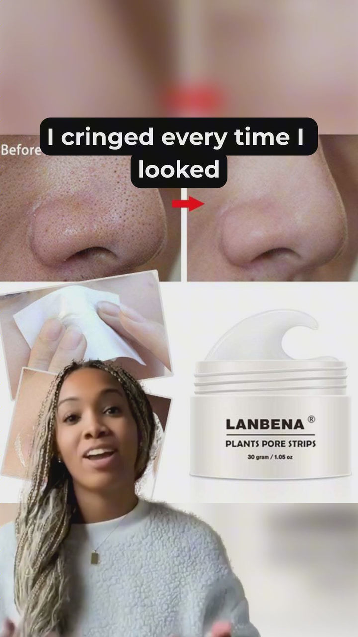 Before and after results of using Advanced Blackhead Remover & Nasal Membrane Kit showing reduced nose blackheads with Lanbena pore strips.